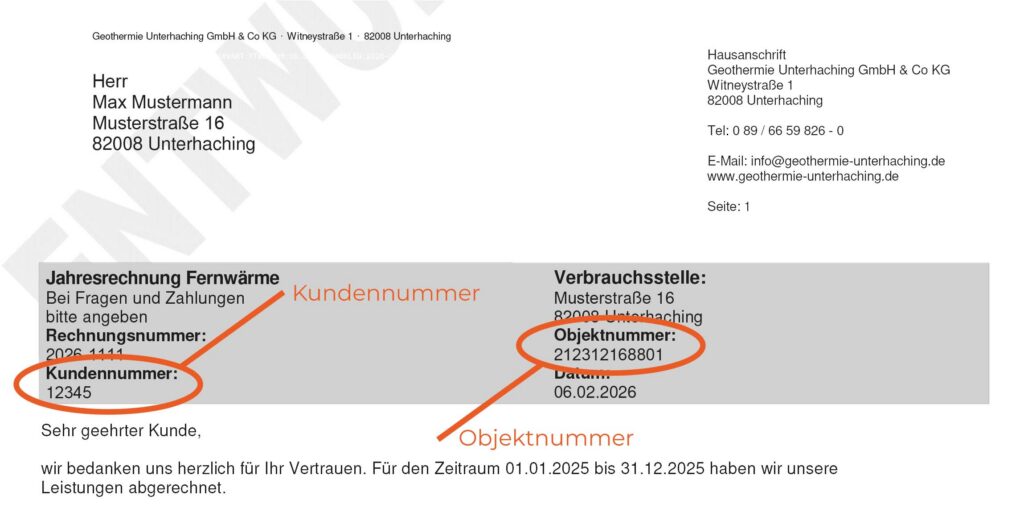 Musterrechnung Kundennummer und Objektnummer